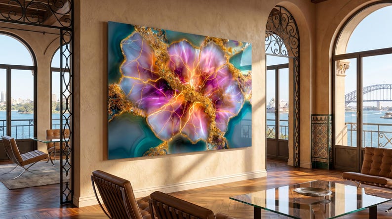 Pode incluir: Uma grande pe&ccedil;a de arte de parede retangular com um design abstrato inspirado em &aacute;gata, com tons vibrantes de roxo, laranja e azul-petr&oacute;leo, acentuado por veios dourados intrincados que criam um efeito cristalino e brilhante.