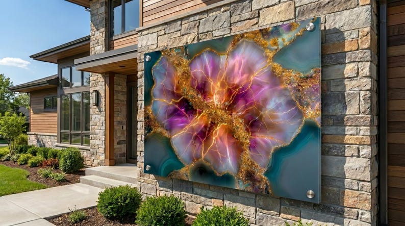 Pode incluir: Uma grande pe&ccedil;a de arte de parede retangular montada numa parede exterior de pedra, com um design abstrato vibrante que imita uma sec&ccedil;&atilde;o transversal de geodo com tons de roxo, magenta e azul-petr&oacute;leo acentuados por veios dourados.