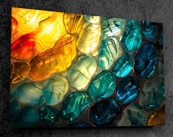 Nature's Mosaic Acrylic Glass Wall Art - Organic Pebble Glass Mosaic, Warm Golds and Earthy Greens, Natural Light Play