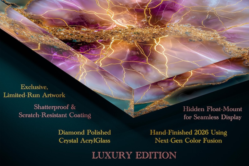 Pode incluir: Uma obra de arte retangular em vidro acr&iacute;lico cristal com um padr&atilde;o abstrato roxo e dourado com veios semelhantes a rel&acirc;mpagos. O texto diz: Exclusive, Limited-Run Artwork, Shatterproof & Scratch-Resistant Coating, Hidden Float-Mount for Seamless Display, Diamond Polished Crystal AcrylGlass, Hand-Finished 2026 Using Next-Gen Color Fusion, LUXURY EDITION.