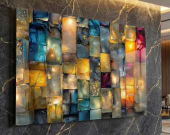 Jewel-Tone Marble Mosaic Acrylic Wall Art: Luxury 3D Backlit Illusion