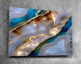 Celestial Druzy Crystal Panel: Leuchtendes Blau & Bronze Stone Art