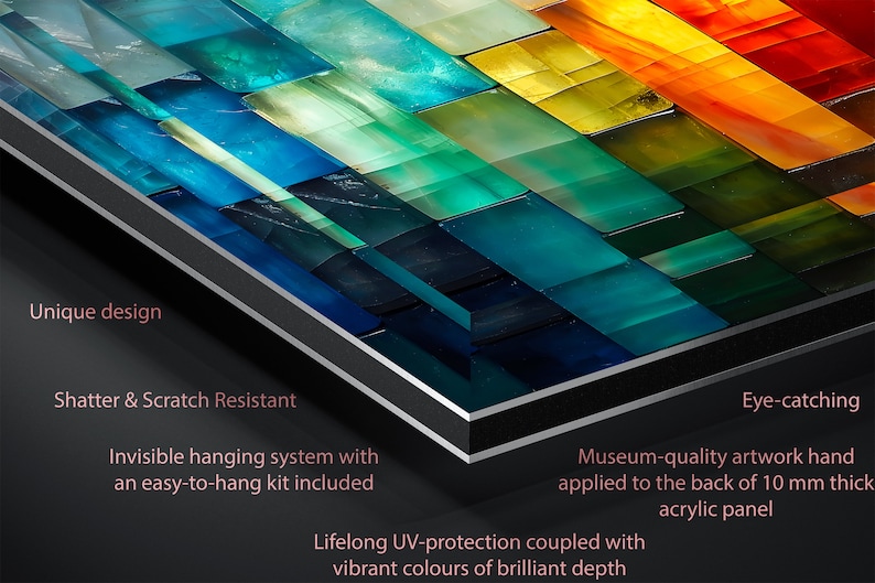 May include: Abstract artwork with a unique design, featuring a mosaic of colourful rectangular shapes in shades of blue, green, yellow, and orange. The artwork is shatter and scratch-resistant, with an invisible hanging system. The text says "Eye-catching".