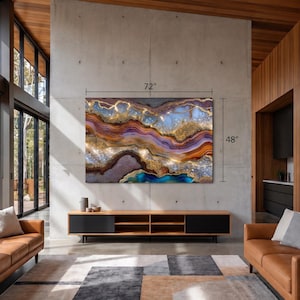May include: A large rectangular wall art piece featuring an abstract agate-inspired design with swirling layers of gold, deep purple, burnt orange, and bright blue, measuring 72 inches in width and 48 inches in height as indicated by labels.