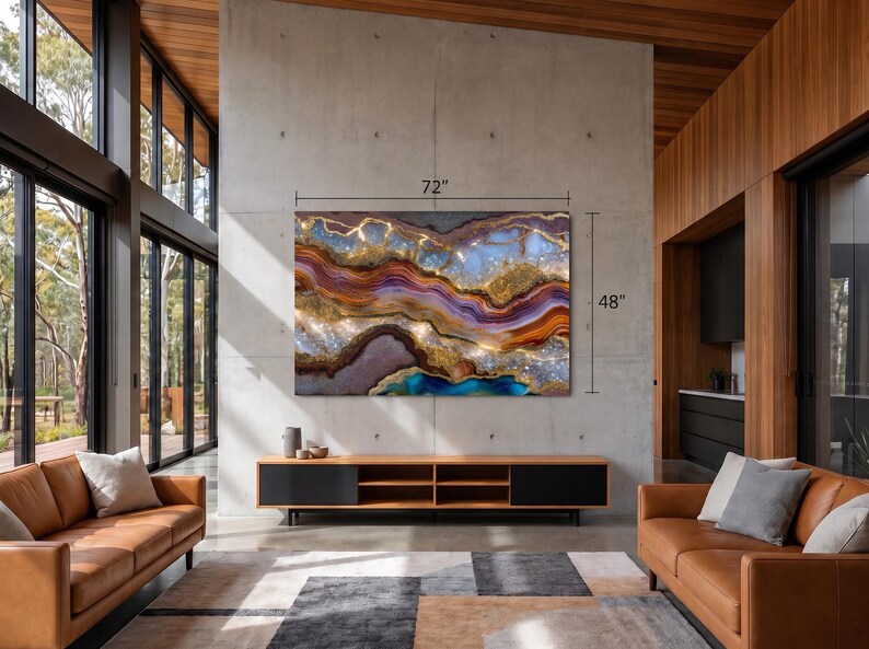 May include: A large rectangular wall art piece featuring an abstract agate-inspired design with swirling layers of gold, deep purple, burnt orange, and bright blue, measuring 72 inches in width and 48 inches in height as indicated by labels.