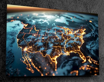 US Map Wall Art with Illuminated Aesthetic - on Premium Acrylic Glass, Office Wall art, Bedroom art, or Living room wall art, US Map