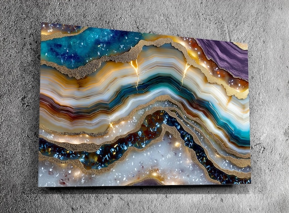 Aurean Strata Crystal Acrylic Wall Art, Amber Gold Mineral Artwork, Luxury Living Room Decor