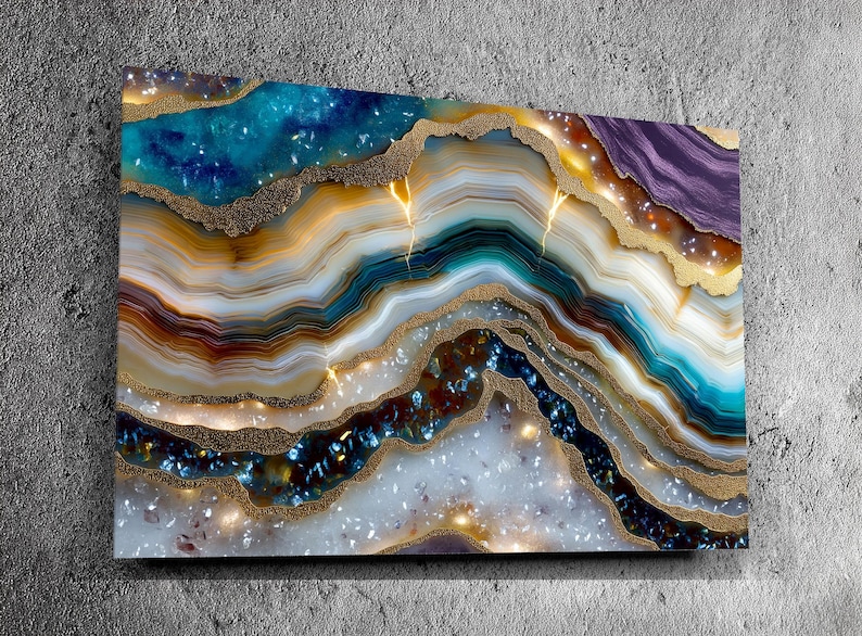 Acryl-Wandbild „Aurean Strata Crystal“, bernsteinfarbene Goldmineralienkunst, luxuriöse Wohnzimmerdekoration Bild 1
