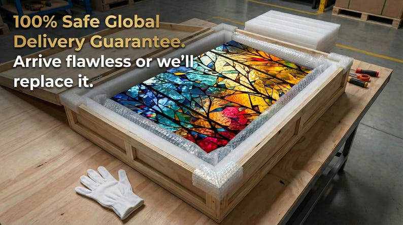 May include: A colorful stained-glass artwork, depicting a vibrant abstract design, is securely packaged in a wooden crate with protective foam. The artwork features a spectrum of colors, including blue, yellow, and red. The text on the image says "100% Safe Global Delivery Guarantee."