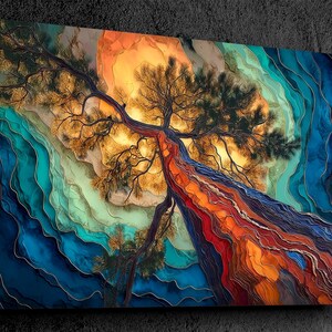 May include: Abstract art print of a tree with a vibrant color palette. The artwork features a tree trunk in shades of red and orange, with branches reaching towards a golden-yellow sky. The background has blue and teal wavy patterns.