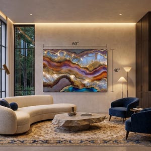 May include: A large rectangular wall art piece featuring an abstract agate-inspired design with swirling layers of gold, deep purple, burnt orange, and bright blue, measuring 60 inches in width by 40 inches in height as indicated by text.