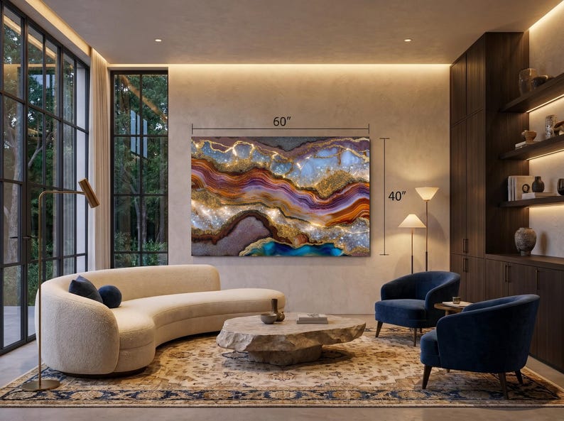 May include: A large rectangular wall art piece featuring an abstract agate-inspired design with swirling layers of gold, deep purple, burnt orange, and bright blue, measuring 60 inches in width by 40 inches in height as indicated by text.