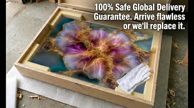 Pode incluir: Uma caixa de madeira retangular contendo uma grande pe&ccedil;a de arte plana e abstrata com padr&otilde;es de resina em tons de roxo, azul-petr&oacute;leo e dourado. O texto 100% Safe Global Delivery Guarantee. Arrive flawless or we'll replace it. est&aacute; impresso.