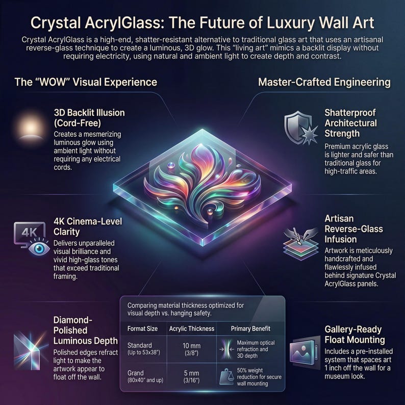 Pode incluir: Uma infografia sobre arte de parede Crystal AcrylGlass mostra um painel quadrado central com um design floral colorido. Os textos destacam a ilus&atilde;o retroiluminada 3D, clareza 4K, resist&ecirc;ncia a quebras e uma tabela comparativa de 10mm e 5mm.