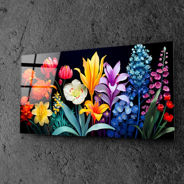 Lustrous Acrylic Glass Artwork FLOWERS on Midnight Canvas, Mounting Kit Included, Fade-Proof & Scratch-Resistant, Superior Craftsmanship