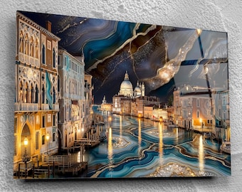 Arte de parede em ágata do Grande Canal de Veneza, paisagem urbana em cristal, decoração veneziana, peça em ouro fluido