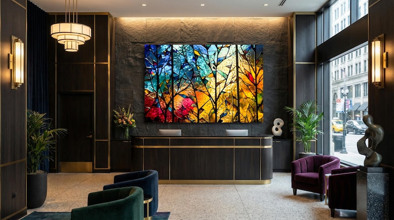 May include: An interior hotel lobby with a large, colorful abstract painting of trees. The painting features vibrant hues of blue, yellow, red, and orange. The lobby has dark wood paneling, gold accents, and modern furniture.