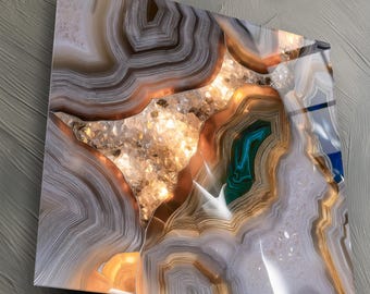 Teal & Gold Agate Geode Acrylic Glass Wall Art: Modern Luxury Panel