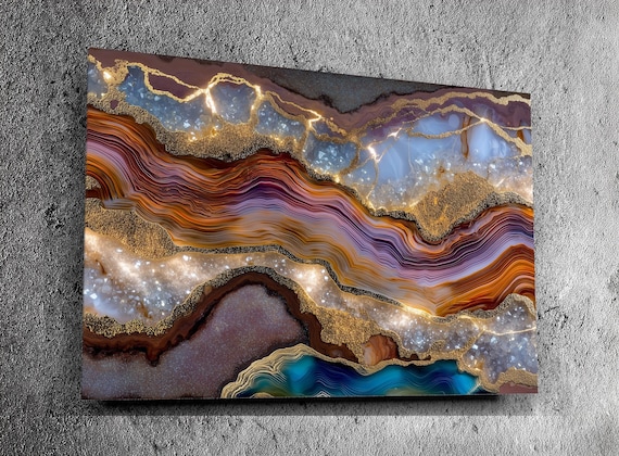 Aurean Strata Crystal Acrylic Wall Art, Amber Gold Mineral Artwork, Luxury Living Room Decor