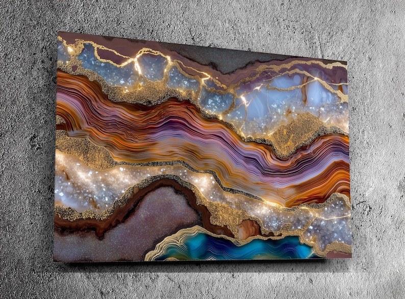 May include: A rectangular wall art piece featuring an abstract agate stone pattern with layered bands of brown, purple, and blue. The design includes shimmering gold veins and textured, crystalline white sections that create a multi-dimensional effect.