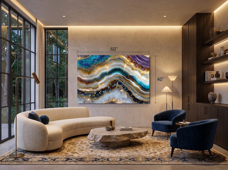 K&ouml;nnte beinhalten: Ein rechteckiges Wandbild mit einem abstrakten, von Achat inspirierten Design mit wirbelnden Schichten in T&uuml;rkis, Dunkelblau, Violett und Goldakzenten. Das Kunstwerk misst 152 cm in der Breite und 102 cm in der H&ouml;he laut Beschriftung.