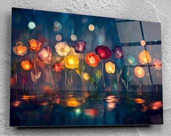 Luminous Bloom Symphony – Luxury Acrylic Glass Wall Art, Floral Abstract Decor, Floral Mosaic Wall Art for Bedroom & Living Room
