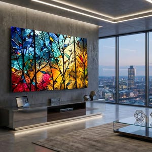 May include: A large, colorful abstract art piece hangs on a gray wall in a modern living room. The artwork features a stained-glass effect with vibrant blues, yellows, and reds. A low media console and a brown leather sofa complete the space.