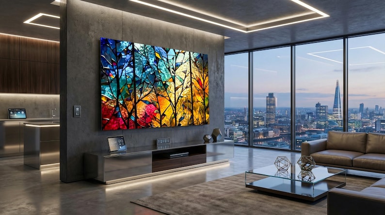 May include: A large, colorful abstract art piece hangs on a gray wall in a modern living room. The artwork features a stained-glass effect with vibrant blues, yellows, and reds. A low media console and a brown leather sofa complete the space.