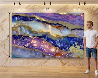 Amethyst übergroße Geode Wandkunst | Dunkellila-Blau-Gold Ader-Kristalldekor