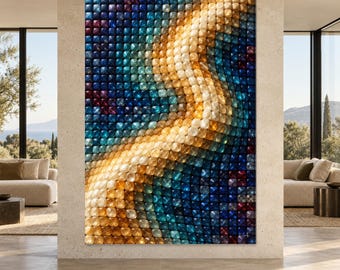 Crystalline Tide — Vertical Blue and Amber Mosaic Acrylic Wall Art by Ethan Smith
