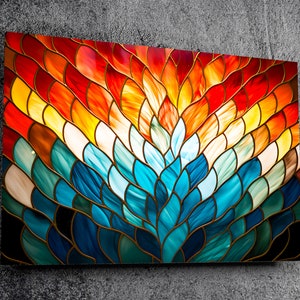 Stained Glass design Wall Art 'Fire and Feathers' + backlit effect, Shatter & Scratch resistant, Lifelong vibrant colours