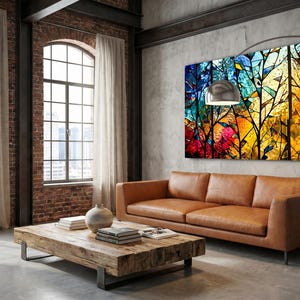 May include: A modern living room with a brown leather sofa, a wooden coffee table, and a colorful abstract art piece. Large windows with sheer curtains provide natural light. A silver arc lamp illuminates the space.