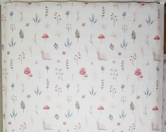 May include: White fitted sheet with a delicate pattern of pink and gray mushrooms, snails, and leaves. The pattern is repeated throughout the sheet.