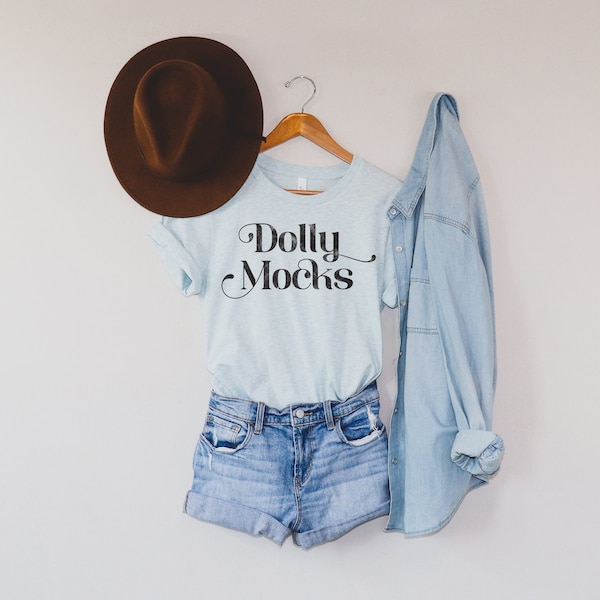 Bella Canvas 3001 Mockup | Bella Canvas Heather Prism Ice Blue Shirt Mockup | Hanging T Shirt Mockup with hat and jean shirt