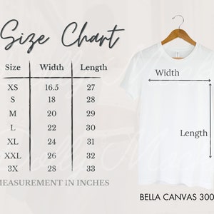 Tabla de tallas Bella Canvas / Tabla de tallas Bella Canvas 3001 / Maqueta Bella Canvas 3001 / Maqueta Boho / Tabla de tallas / Tabla de tallas XS-3X
