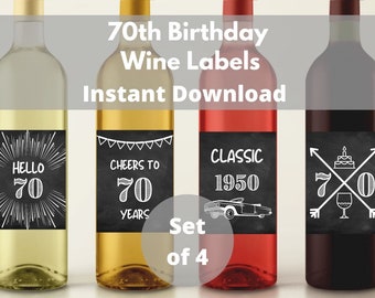 70th Birthday Wine Bottle Labels Printable, 70th Birthday Gift For Women and Men, Wine Labels Set of 4 Digital Download