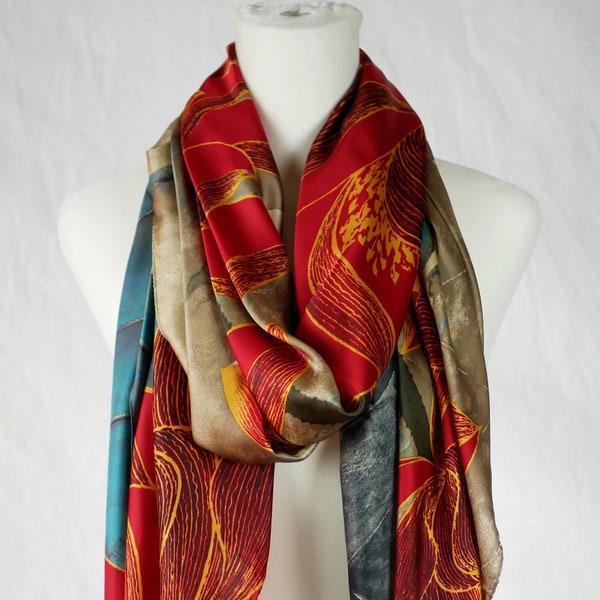 Brick Red Golden Lotus Floral Printed Silky Chiffon Summer Scarf Beach Sarong Hair Wrap for Women Mother's Day Gift