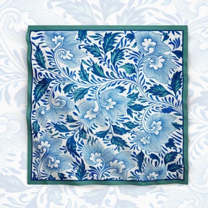 58x58cm Pottery Blue Chinese Floral Pattern Scarf Fine Art Silky Satin Bandana Vintage FLower Artistic Head Wrap for Women
