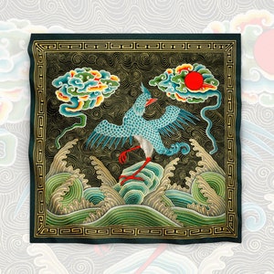 Asian Art Bandana Green Phoenix Lucky Cloud Wrap Silky Oriental Pattern Scarf Gift