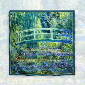 58x58cm Monet Japanese Bridge Water Lilies Flroal Satin Scarf Fine Art Gift Bandana Silky Artistic Blue Green Hair Wrap for Women