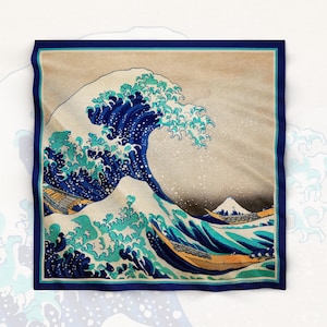 58x58cm Japanese Woodblock Painting "Great Wave" Square Scarf Fine Art Gift Bandana Silky Artistic Hair Wrap for Women