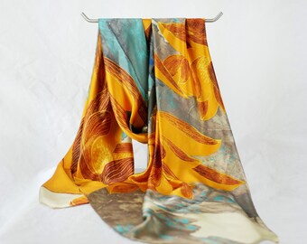 Gold Orange Lotus Floral Printed Silky Charmeuse Summer Scarf Beach Sarong Hair Wrap for Women Mother's Day Gift