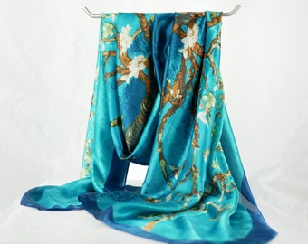 Silky Charmeuse Van Gogh Almond Blossom Turquoise Blue Fineart Floral Scarf Long Beach Wrap Gift for Her