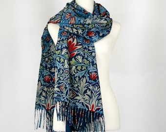 William Morris Snakeshead Fineart Print Navy Blue Gradient Shawl Reversible Cashmere Feel Fringe Scarf Elegant Gift for Her