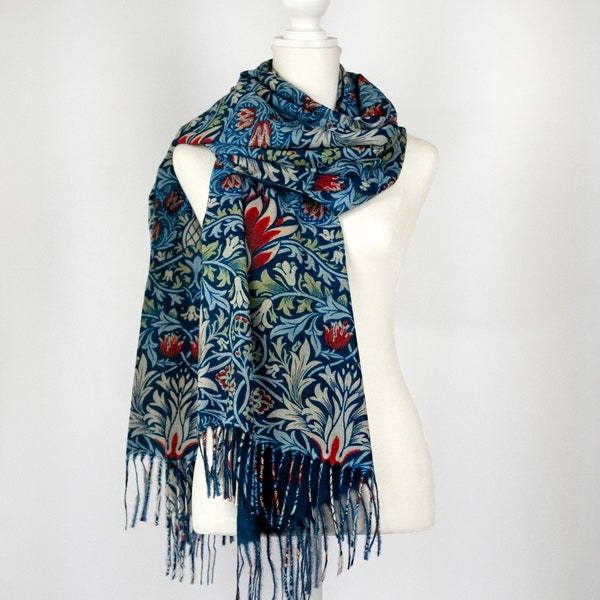 William Morris Snakeshead Fineart Print Navy Blue Gradient Shawl Reversible Cashmere Feel Fringe Scarf Elegant Gift for Her