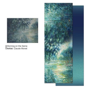 K&ouml;nnte beinhalten: Ein Druck von Claude Monets "Morgen an der Seine", der eine Flusslandschaft mit Trauerweiden zeigt. Das Kunstwerk ist &uuml;berwiegend gr&uuml;n und blau, mit Andeutungen von Gelb und Wei&szlig;. Der Text "Morning on the Seine" und "Artist: Claude Monet" sind sichtbar.