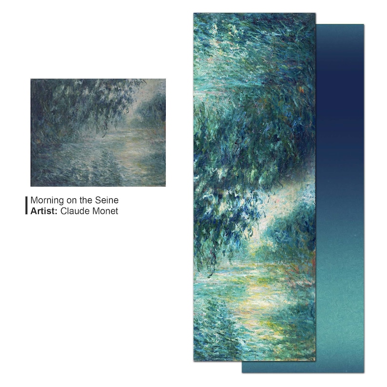 K&ouml;nnte beinhalten: Ein Druck von Claude Monets "Morgen an der Seine", der eine Flusslandschaft mit Trauerweiden zeigt. Das Kunstwerk ist &uuml;berwiegend gr&uuml;n und blau, mit Andeutungen von Gelb und Wei&szlig;. Der Text "Morning on the Seine" und "Artist: Claude Monet" sind sichtbar.