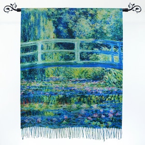 Monet Japanese Garden Water Lilies Pond Reversible Fine Art Gift Shawl Artistic Pashmina Feel Blanket Scarf Gift for Her