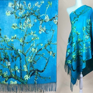 Fine Art Van Gogh's "Almond Blossoms" Artistic Wall Decor, Blue Floral Gift Shawl, Blanket Pashmina Cashmere-like Gift for Woman