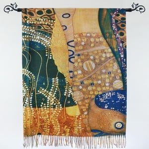 Klimt &quot;Water Serpents I&quot;  Blanket Scarves for Art Lover Cashmere-like Golden Brown Art Nouveau Shawl Women Figure Print #009